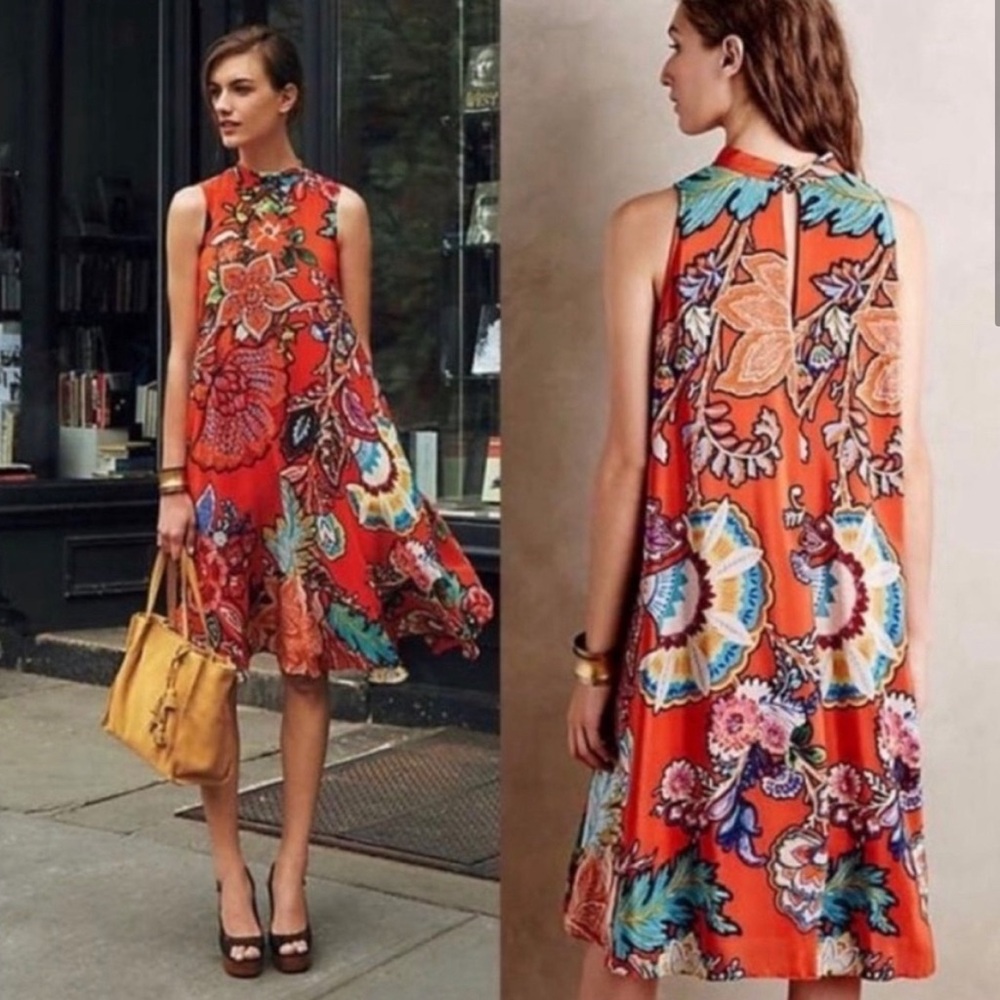 Anthropologie Maeve Larkhill 100% Silk Trapeze Dress Boho Festival Sz XXS